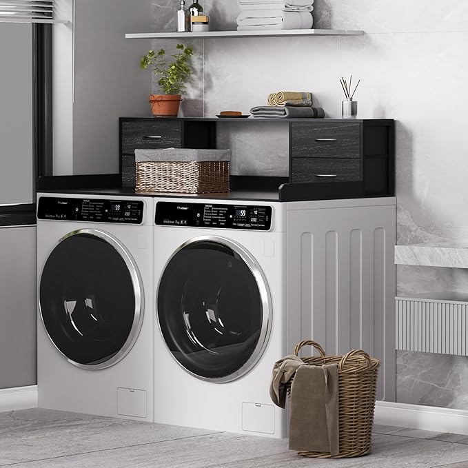 Washer and Dryer Countertop, 27.5“ D x 53.9“ W x 12.9“ H Solid Wood Washer and Dryer Countertop with Organizer Shelves with Four Drawers for Laundry Room Organization (Black)