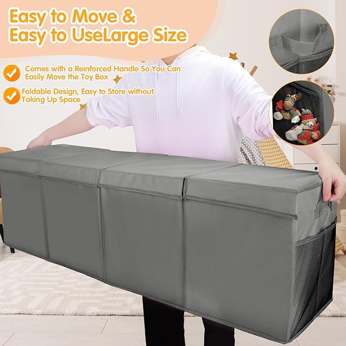 AOBOPLE Extra Large Toy Chest,50"x15"x12" Toy Box for Boys Girls Nursery,Collapsible Sturdy Toy Storage Organizer with Mesh Pockets,Large Toy Chest Storage Boxes Bins Baskets