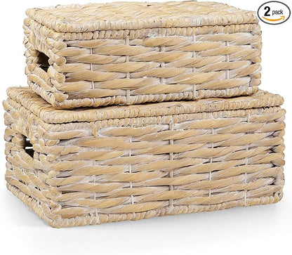 Set of 2 White Wicker Baskets with Lid