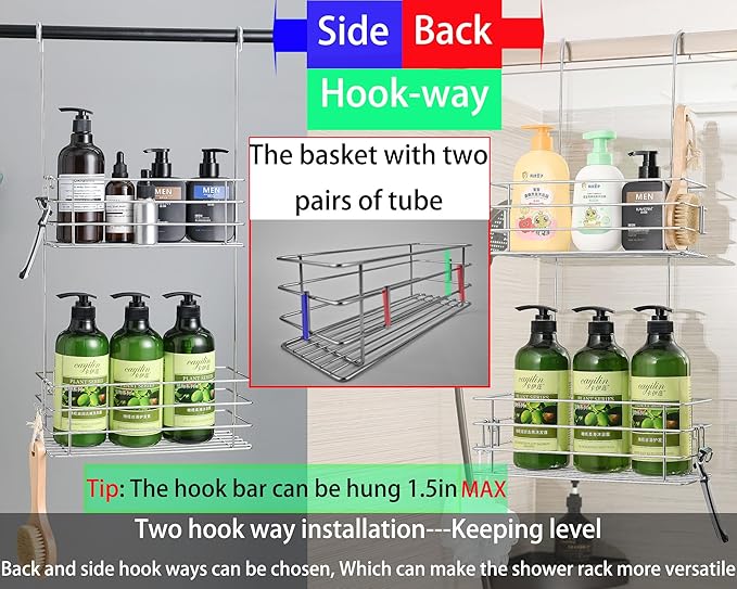 Seltomer Hanging Shower Rack Shower Caddy with Rotatable Hook bar Over the Door and Can be Hung on the Faucet or Claw Foot, 304 Stainless Steel Rust Proof and Durable (Double-Layer)