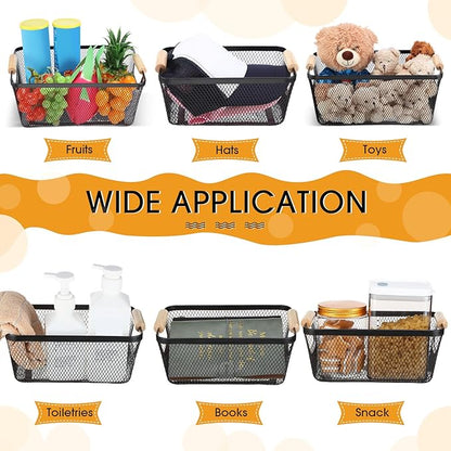 4 Pcs Metal Wire Basket with Wooden Handles Mesh Steel Storage Organizer Bin Containers for Home Organizing Cabinet Pantry Closet Kitchen Fridge Fruit Makeup Snacks Gifts(Small,Black)