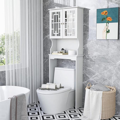 BestComfort Over The Toilet Storage Cabinet, Home Bathroom Space Saver Organizer Above Toilet, Double Doors and Adjustable Shelf, Wooden Freestanding Toilet Storage Rack Unit, 67 inch (White)