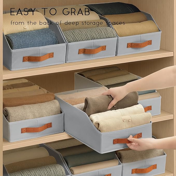 Fabric Storage Bins for Organizing - 6 Pack Large Trapezoid Collapsible Storage Bins with Front Handle, Closet Organizers and Storage for Bedroom, Home Shelves, Small Spaces, Grey