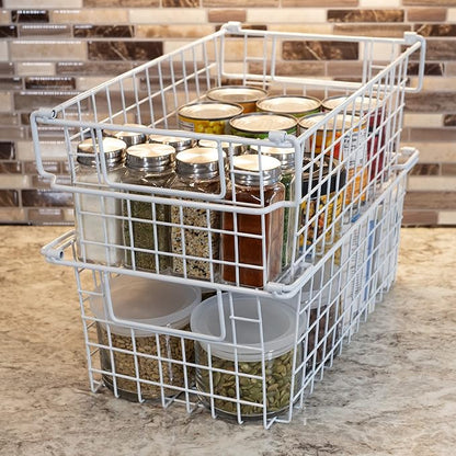 Home-Complete 2 pcs 16"x9" Medium Stackable Wire Baskets, Organizer Stacking Storage Bins for Shelf, Pantry, Kitchen, Cabinets, can also be used in Chest Freezers (White)