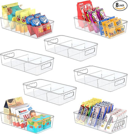 Clear Plastic Food Storage Organizer Bins,8 Pack Pantry Organizations and Storage Bins with Removable Dividers, Stackable Refrigerator Organizer Bins Fridge Organizers Kitchen Cabinet Organizers