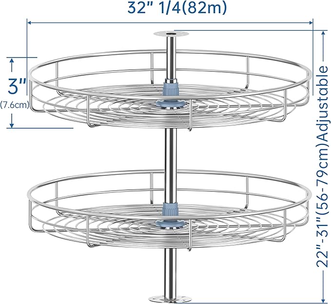 32 1/4" Chrome Corner Cabinet Lazy Susan, Full Circle Corner Cabinet Lazy Susan Replacement Shelves, Minimum Cabinet Size 36 inches, Rotating Rack for Corner Base Kitchen
