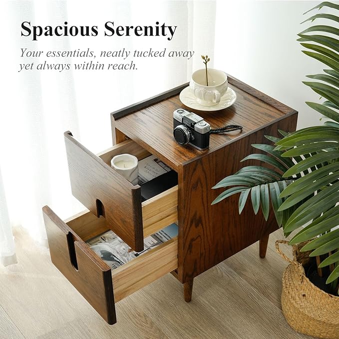 Cttasty Narrow Nightstand, Mid Century Modern Nightstand, Solid Wood Bedside Table, Side Table witn Drawers (Walnut, 11.81inches)