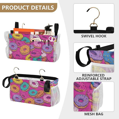 CuwrYet Bedside Caddy Hanging Bunk Bed Caddy Bed Organizer Hanging Pocket with 2 Hooks Bedside Storage Organizer Pocket Bag Holder Cute Donuts Colorful