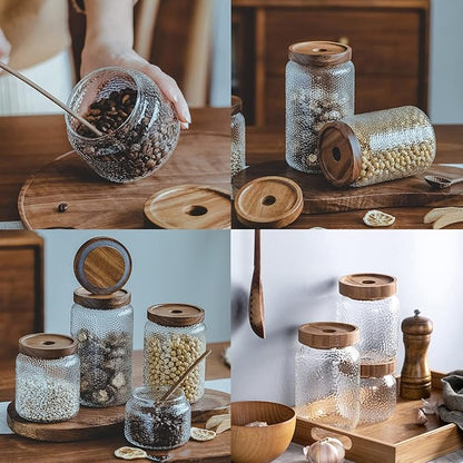 Viovian 24 OZ Glass Coffee Jar with Wooden Lid 700ml Clear Vintage Glass Storage Canister Anti-slip Decorative Jars with Lids for Food Candy Coffee Beans Cookie Sugar