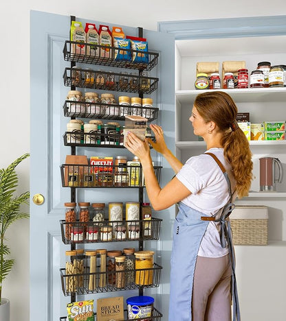 Over The Door Pantry Organizer, Pantry Organization and Storage, 8-Tier Deep Baskets Hanging Heavy-Duty Metal, Wall Spice Rack Seasoning Shelves for Home & Kitchen, Laundry Room Bathroom, Black
