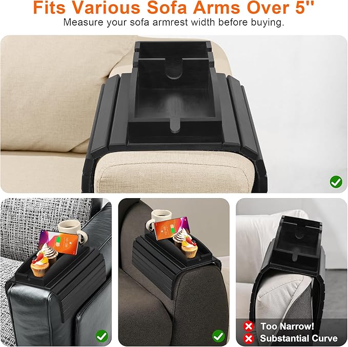 Joy&Grace Couch Cup Holder, 3-in-1 Magnetic Detachable Couch Arm Tray, Bamboo Sofa Armrest Table with Anti-Slip Pad, Sofa Armrest Tray Table (Black)