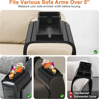 Joy&Grace Couch Cup Holder, 3-in-1 Magnetic Detachable Couch Arm Tray, Bamboo Sofa Armrest Table with Anti-Slip Pad, Sofa Armrest Tray Table (Black)
