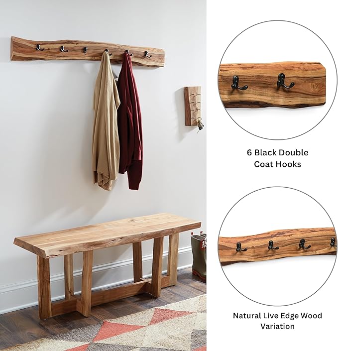 Alpine Natural Live Edge Wood 48-Inch Coat Rack with 6 Black Metal Hooks, Unique Natural Wood Characteristics, and Clear Finish for Entryway, Hallway, or Mudroom by Alaterre Furniture