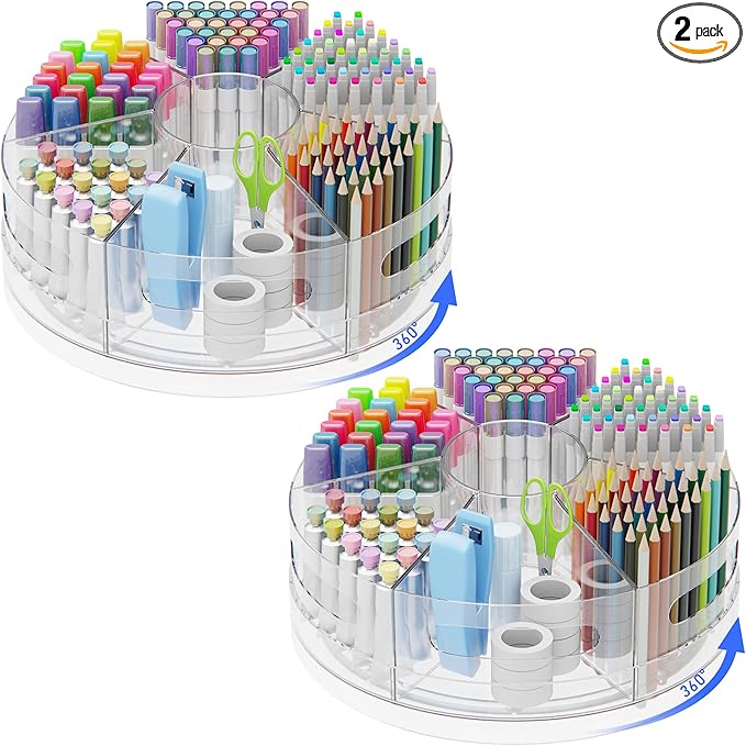 2 Packs Pen Organizer for Desk - Acrylic Pen Holder with Hand Grips, 360° Extra Large Rotating Desk Organizer with 7 Removable Compartments for Office, Home, and Makeup Storage
