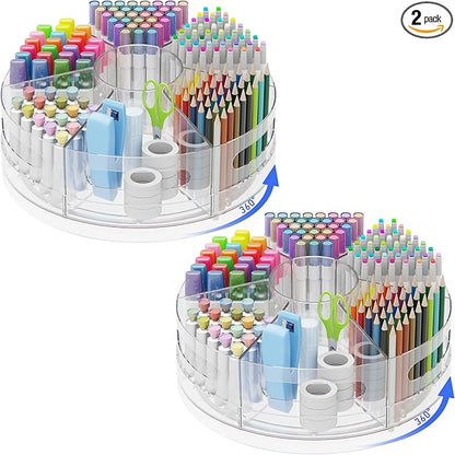 2 Packs Pen Organizer for Desk - Acrylic Pen Holder with Hand Grips, 360° Extra Large Rotating Desk Organizer with 7 Removable Compartments for Office, Home, and Makeup Storage