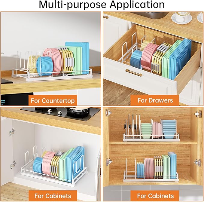 ZDDLOINP Food Container Lid Organizer for Cabinet,with 6 Adjustable Dividers Detachable,Metal Pot Lid Organizer Rack Storage Plastic Lids Pots Bakeware for Cabinets, Cupboards,Pantry, Drawers (White)
