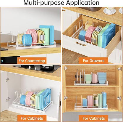 ZDDLOINP Food Container Lid Organizer for Cabinet,with 6 Adjustable Dividers Detachable,Metal Pot Lid Organizer Rack Storage Plastic Lids Pots Bakeware for Cabinets, Cupboards,Pantry, Drawers (White)