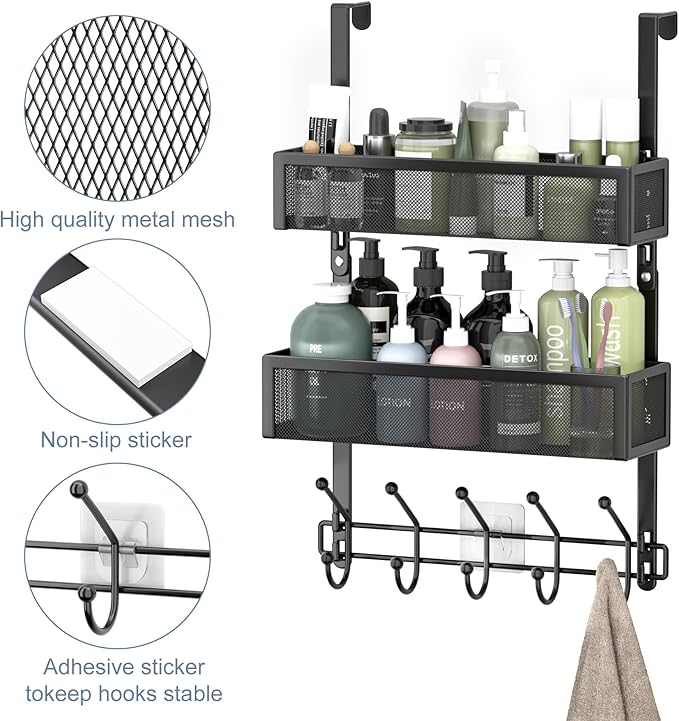Aimeaihe Adjustable Over The Door Hooks Organizer, Door Hanger Coat Rack with 2 Mesh Baskets and 10 Hooks, Back of Door Storage Organizer for Bedroom,Bathroom,Kitchen (Black)