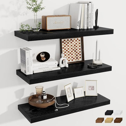 Fun Memories Deep Floating Shelves, 32W x 12D Black Wall Shelves, 32 Long Rustic Wood Wide Storage Shelves for Bedroom, Kitchen, Farmhouse, Laundry Room, Bedroom, Kitchen, Home Office- Set of 3