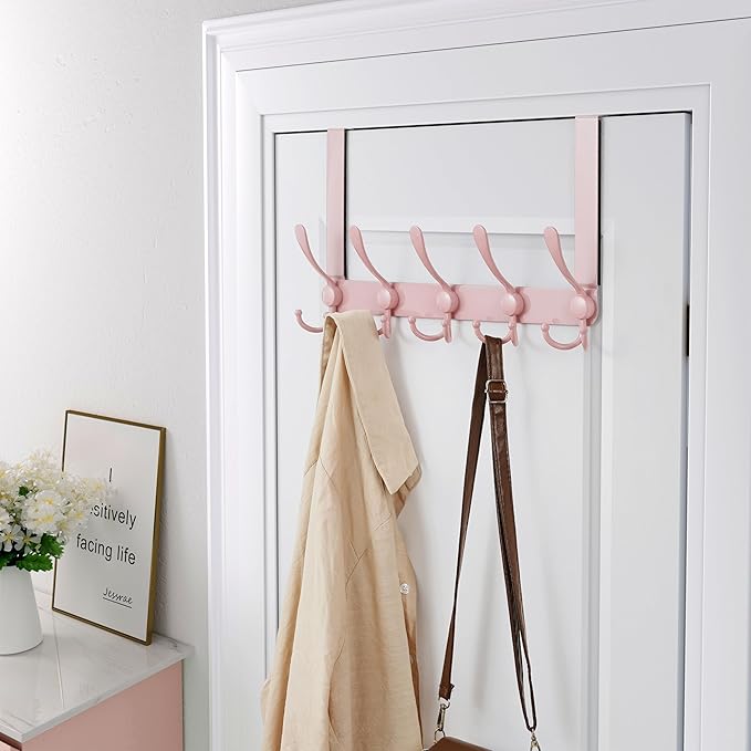 Dseap Over The Door Hook Hanger - Fits 1 3/8" to 1 3/4" Standard Doors | 5 Tri Hooks Heavy Duty Towel/Coat Rack | Door Organizer for Clothes, Jackets, Hats, Towels, Pink