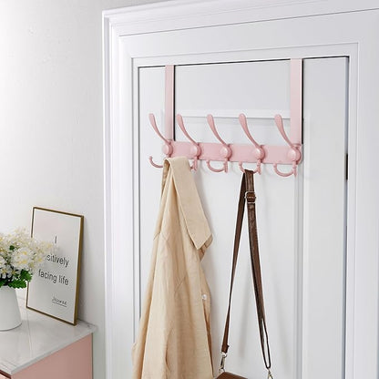 Dseap Over The Door Hook Hanger - Fits 1 3/8" to 1 3/4" Standard Doors | 5 Tri Hooks Heavy Duty Towel/Coat Rack | Door Organizer for Clothes, Jackets, Hats, Towels, Pink