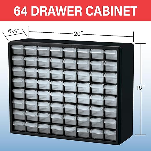 Akro-Mils 64-Drawer Plastic Drawer Storage Cabinet for Garage Organization, Bead Organizer, Building Bricks Storage, Teacher Toolbox, Makeup Organizer, 20" W x 6" D x 16" H, 10164 Black