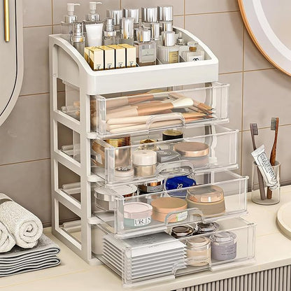 Desk Organizer with 4 Drawer Storage, Desktop Drawers Organizer for Office/School Supplies, Plastic Stationary Makeup Organizer, Desk Storage Box Organizer for Office, School, Bathroom