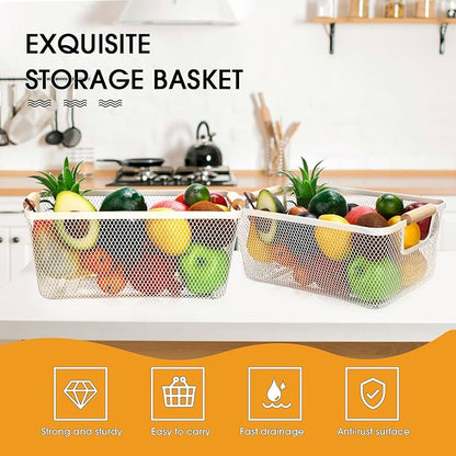 4 Pcs Metal Wire Basket with Wooden Handles Mesh Steel Storage Organizer Bin Containers for Home Organizing Cabinet Pantry Closet Kitchen Fridge Fruit Makeup Snacks Gifts(Medium,Cream White)