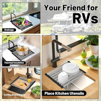 TIKNIK Dish Drying Rack, 19.7" X 13" Over Sink Drying Rack, Kitchen Roll Up 304 Stainless Steel Drain Rack, Roll Up for Kitchen and RV Sinks, Black
