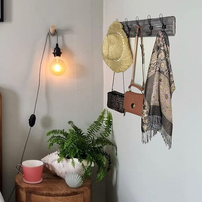 Wooden Coat Hanger Wall Mount Rack, 5 Hanger Hooks, 24” for Entryway, Kitchen, Bedroom, Bathroom, Decorative Rustic Farmhouse Design, Antique Whitewash, Black Hooks