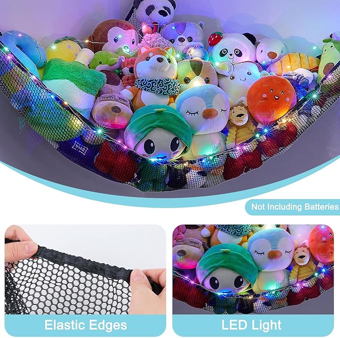 Unicorn Castle Stuffed Animals Net or Hammock Kids Toy Storage Organizer with LED Light Hanging Corner Stuffed Animals Holder Kids Girls Room Decor,Black,Large (Pack of 1)