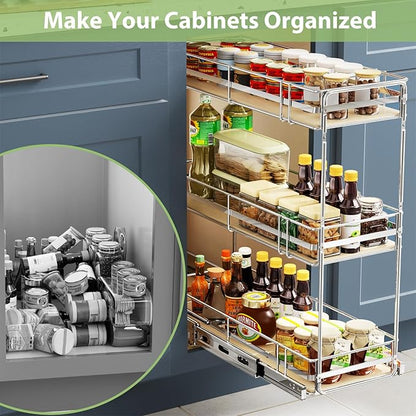 ROOMTEC 3-Tier Pull Out Cabinet Organizer Spice Rack for Narrow Cabinet 8" W x 20½" D, Slide Out Wood Shelves Storage for Kitchen