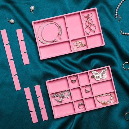 Frebeauty Jewelry Organizer Tray,Stackable Velvet Jewelry Trays,Drawer Inserts Earring Organizer For Women Jewelry Storage Display Case for Rings Stud Necklaces,Set of 4(Pink)