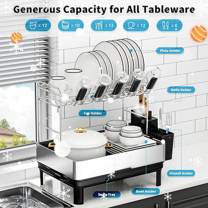 Ewaiira Dish Drying Rack, 2 Tier Large Dish Rack, Stainless Steel Dish Drainer for Kitchen Counter, Dishes Rack with Automatic Drainage, Utensil Holder,Cups Holder,Space Saving Kitchen Organizer,Black