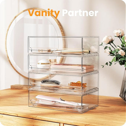 A-LuGei 【𝟰𝗣𝗖𝗦】 Acrylic Stackable Storage Drawers, 11.8" W Makeup Organizer, Bathroom Organizer and Storage, Plastic Storage Bins for Kitchen Cabinet Pantry Medicine Fridge