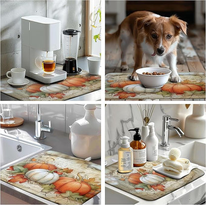 Wnoesat Autumn Kitchen Drying Mat 18x24 Inch Fall Pumpkin Maple Leaves Dish Drying Mats for Kitchen Counter Thanksgiving Absorbent Microfiber Dish Rack Mat for Coffee Bar Sink