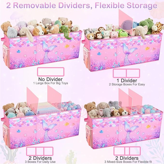 Unicorn Castle Toy Box with Adjustable Divider Toy Chest Storage Large Toy Storage Organizer Bin Collapsible with Lid Pockets for Nursery Playroom,Pink Purple Mermaid