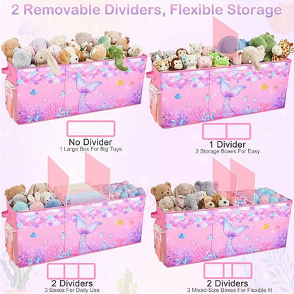 Unicorn Castle Toy Box with Adjustable Divider Toy Chest Storage Large Toy Storage Organizer Bin Collapsible with Lid Pockets for Nursery Playroom,Pink Purple Mermaid