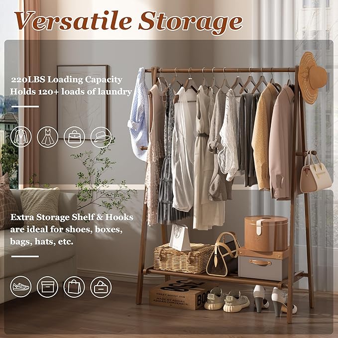 Solid Wood Clothes Rack with Shelves - Collapsible Clothing Racks for Hanging Clothes, Garment Rack with Shelves & 6 Hooks, Hanging Racks for Clothes, Bedroom, Entryway, Kids Room - Walnut