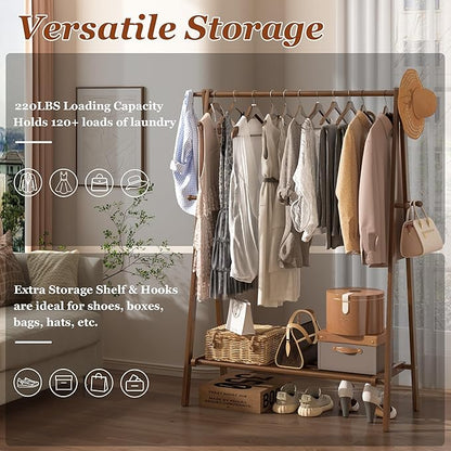 Solid Wood Clothes Rack with Shelves - Collapsible Clothing Racks for Hanging Clothes, Garment Rack with Shelves & 6 Hooks, Hanging Racks for Clothes, Bedroom, Entryway, Kids Room - Walnut