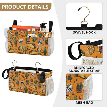 CuwrYet Bedside Caddy Hanging Bunk Bed Caddy Bed Organizer Hanging Pocket with 2 Hooks Bedside Storage Organizer Pocket Bag Holder Orange Mexico Tacos Chilis Skulls