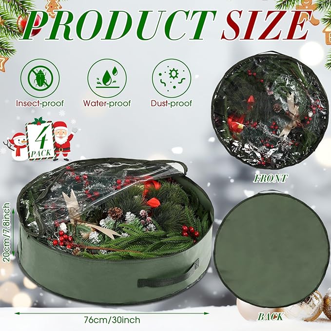 4 Pack Wreath Storage Container, 30 Inch Christmas Wreath Storage Box with Clear Window and Handles Upgrade Oxford Cloth Garland Bags with Dual Zipper for Xmas Wrapping, Green