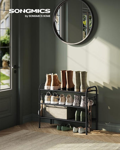 SONGMICS Shoe Rack, 3-Tier Shoe Organizer, Metal Shoe Shelf Storage with 4 Side Hooks, Holds 12 Pairs of Shoes, Height-Adjustable Shoe Rack for Entryway, Hallway, Closet, Ink Black ULMR068B01