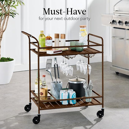 Best Choice Products Rolling Bar Cart, Mobile Home Bar Serving Cart, Serving Station w/ 2 Tier Shelves, Wine Rack, Lockable Wheels - Brown