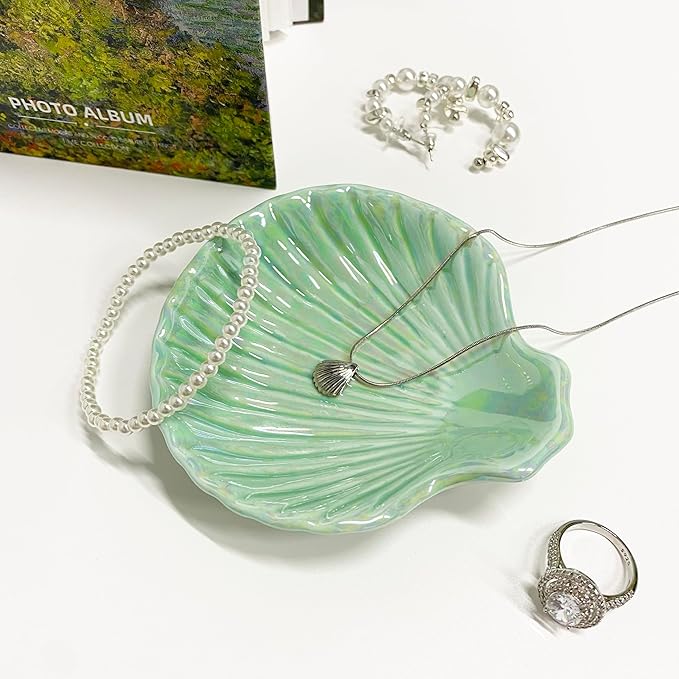 Ceramic Shell Ring Holder Dish, Small Shell Trinket Dish, Beachy Jewelry Plate for Earrings Necklace Valentine's Mother's Day Christmas Birthday Gifts for Women, 3.9", Ice Green Iridescent Surface