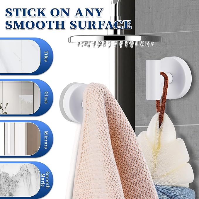 warlve Heavy Duty Reusable Suction Cup Hooks for Shower - No Drill Bathroom/Glass/Mirror/Tiles & Metal Surfaces,and Smooth Non-Porous Surfaces for Towels, Robes, Loofahs (2, White)