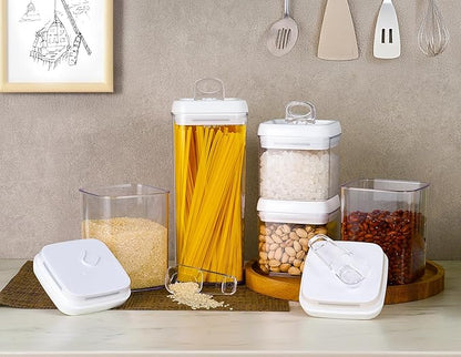 Felli Flip Tite Storage Container with Built-In Spoon & Airtight Lid 5” Large-M Ring Flip Top, Stackable Acrylic Canister for Rice Sugar Flour Protein Powder, Kitchen Pantry Organizer (1.8qt)