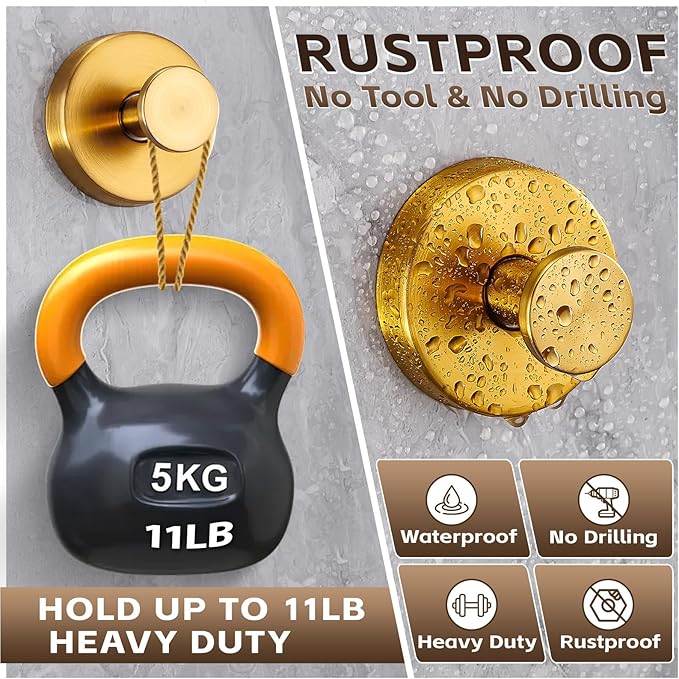 Supopular Reusable Heavy Duty Suction Cup Hooks for Kitchen/Bathroom/Shower - Wet-Proof Hooks for Towels, Robes, Loofah&Wreaths/No Drill Mounting on Glass, Tile, Metal (4, Brushed Gold)