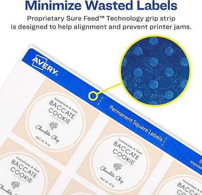 Avery Printable Square Labels, 2" x 2", Matte White, Laser & Inkjet Compatible, 300 Blank Labels per Pack, Great for High-Volume Branding, Packaging, Events, and More (5-Pack of 22806)