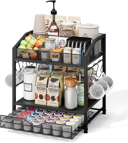 Coffee Bar Organizer - Countertop Coffee Station, 42 K Cup holder Storage Basket with Drawer and Hooks for Syrup, Cups, Stirrer, Condiment, Tea Organizer, Black